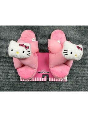 Hello Kitty Plush Slide Slippers Pink Women’s M/L 7-8 Sanrio Cozy House Shoes